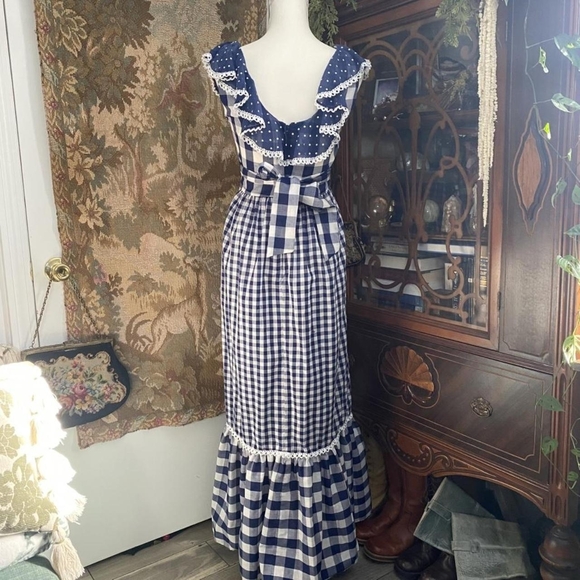Vintage Crochet Ruffle Navy White Plaid Gingham Dress Doen Sora - Picture 2 of 6
